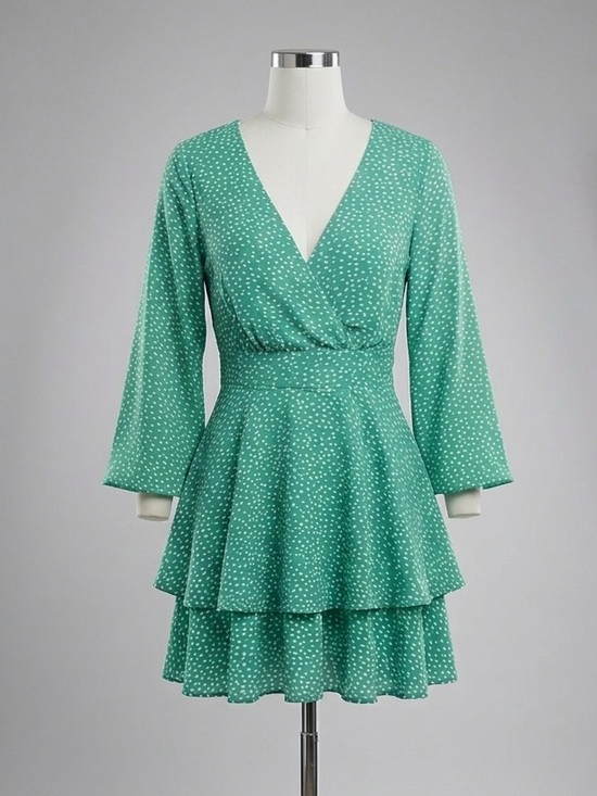 Japna Dresses & Skirts - Japna Green Polka Dot Mini Dress - Tiered Skirt & Long Sleeves - Size S/P
